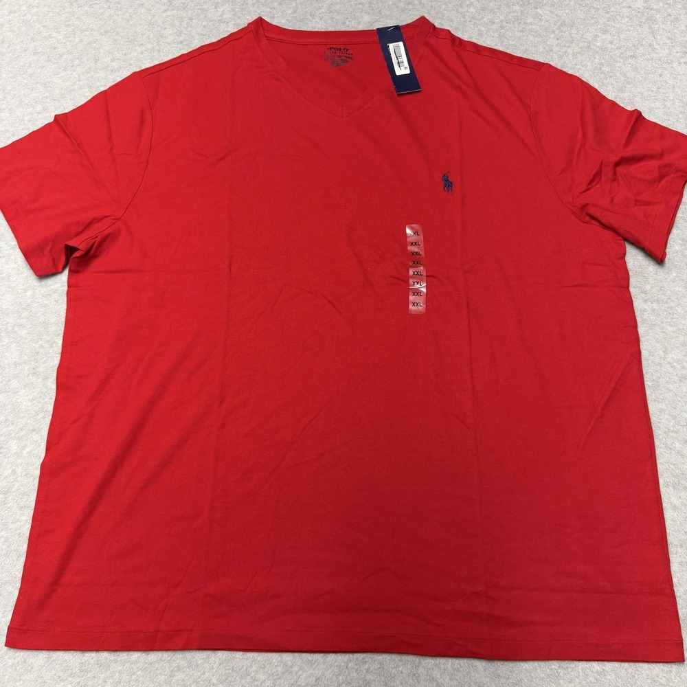 Polo Ralph Lauren Shirt Mens 2XL Red V-Neck Jersey Cotton Logo Pony Tee Tagless